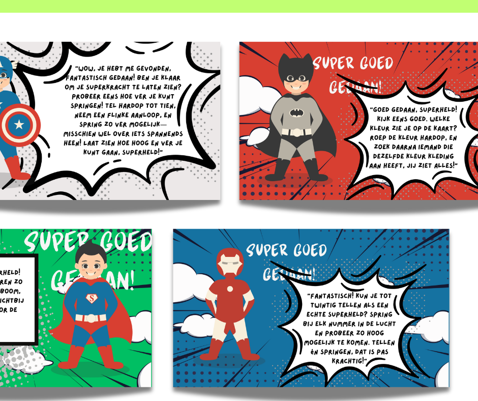 Superheld-speurtochtkaarten voor peuters om SLO-doelen te stimuleren, ontworpen voor gebruik door pedagogisch medewerkers.