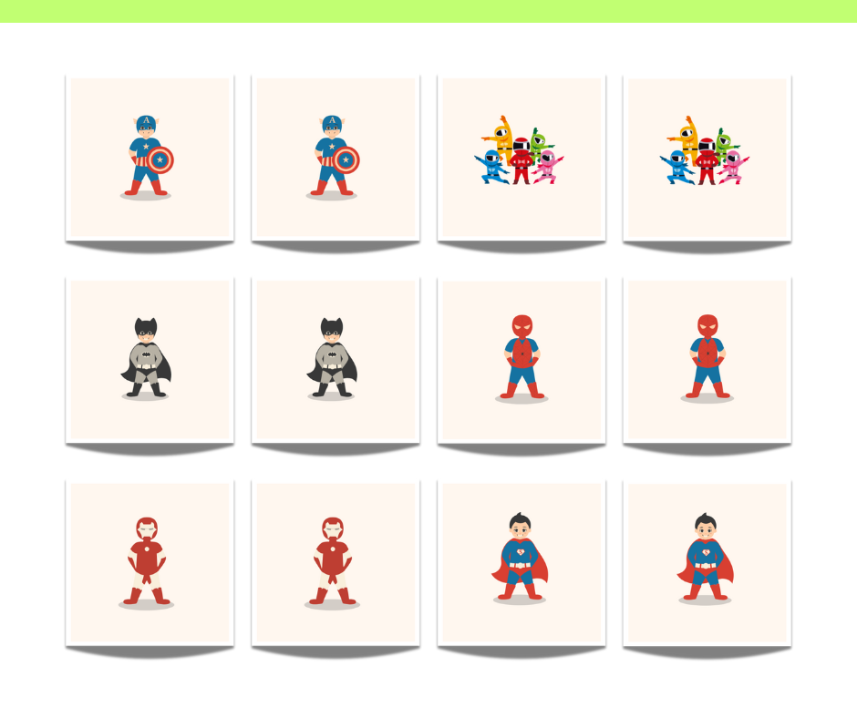 Superhelden memoriespel met opdrachten voor peuters en kleuters, gericht op SLO-doelen